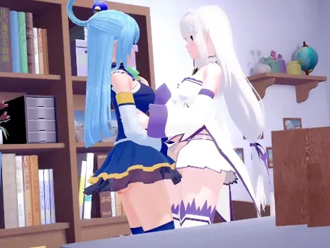 Emilia and Aqua are engaged in gentle lesbian sex, licking each other - Konosuba & Re Zero Animation