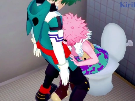Mina Ashido and Izuku Midoriya have deep sex in the men's restroom. - My Hero Academia Hentai