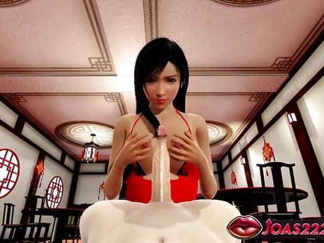 Tifa Lockhart In Red Short Dress Explode Big Cock Using Her Big Tits As Masturbator