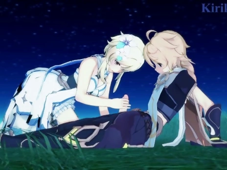 Lumine and Aether have intense sex in the meadow at night. - Genshin Impact Hentai