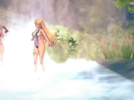 Ghislaine and Mythra have a wet gangbang at a waterfall (Xenoblade/Mushoku Tensei 3D Hentai)