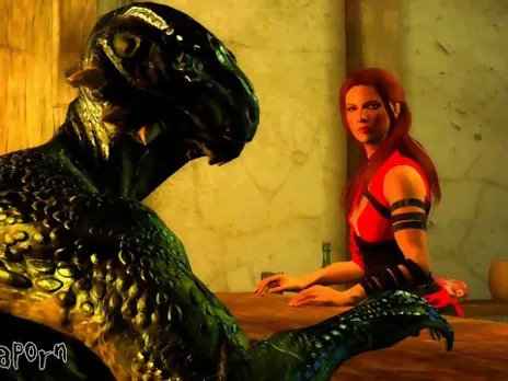 Lizardman gets milked by Sexy Red Head MILF in Bar 