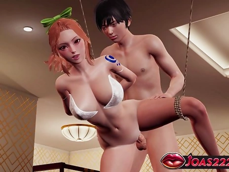 Anime Girl Redhead Nami with Big Tits in Rule34 Hentai - Side Pose on the Floor for Sex, Hands Tied in Doggy Style with Close-Up, Missionary Creampie