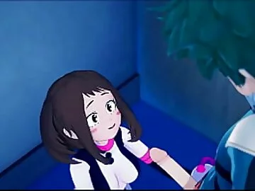 Ochaco plays with Deku's dick before riding it. My Hero Academia Hentai.
