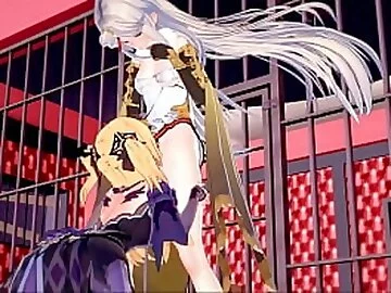 Fischl eats Ningguang's ass, then fucks her with a strapon cock -- Genshin Impact Hentai.