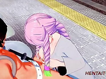 Kimetsu No Yaiba Hentai Mitsuri having sex with Tanjiro in a train station blowjob and fuck with crempie in his pussy. Big boobs