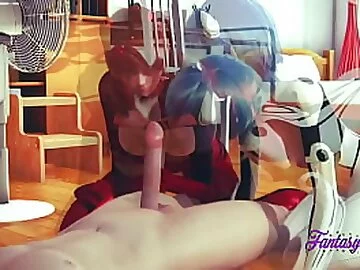 Evangelion Hentai 3D - Threesome Shinji, Asuka and Rei in Shinji's Room they suck Shinji's dick until he cums in her mouth then he eats their pussy and fucks them