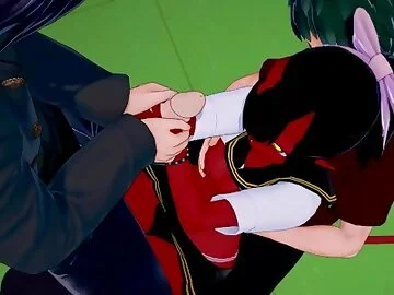 Meru the succubus gets fucked by two guys and covered in cum.