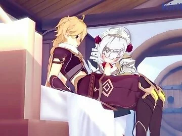Noelle and Aether have intense sex in the bedroom. - Genshin Impact Hentai