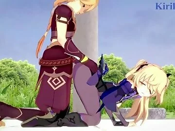 Fischl (Amy) and Aether have intense sex at a deserted ruins. - Genshin Impact Hentai