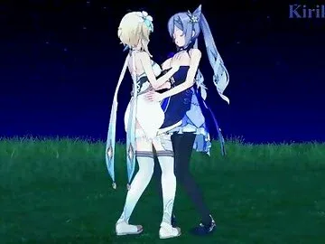 Lumine and Keqing engage in intense lesbian play in a meadow at night. - Genshin Impact Hentai