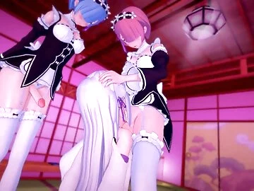 ReZero Futa Emilia fucks with Futa Ram and Futa Rem