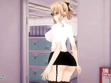 Jean in a sexy secretary outfit shows us her big tits and hot pussy